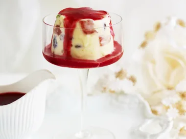 jewelled nougat ice-cream with raspberry coulis