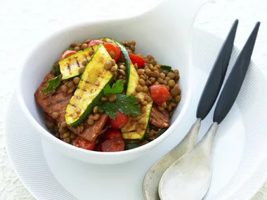 Brown lentil, zucchini and chorizo salad