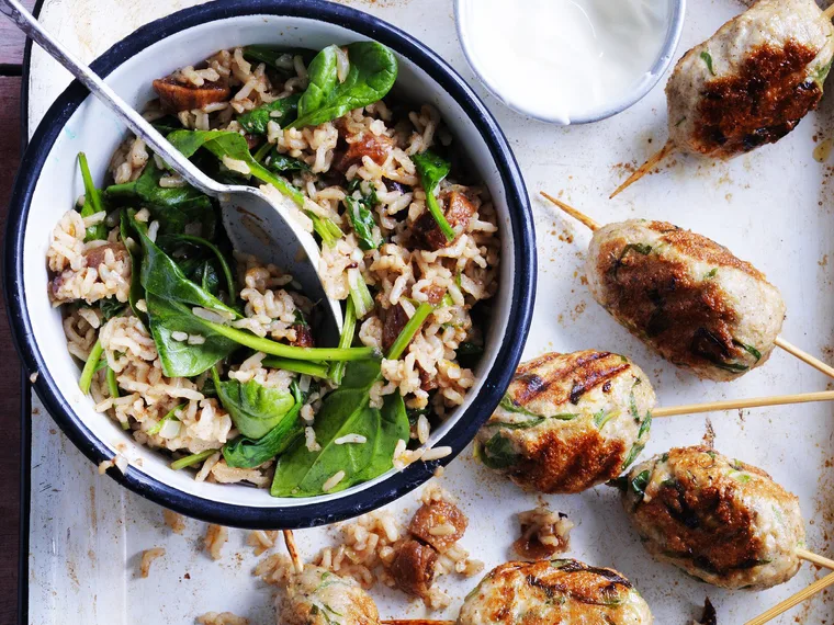 turkey koftas with fig and brown rice pilaf