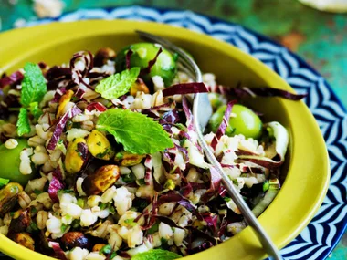 barley with pistachiosand green olives