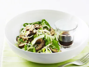 udon noodle salad with buk choy and shiitake