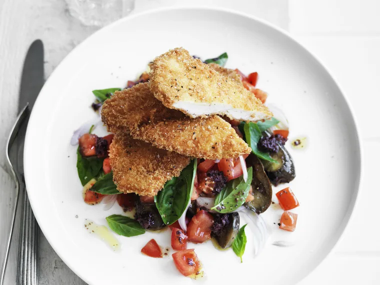 CRISP PARMESAN CHICKEN WITH EGGPLANT SALAD