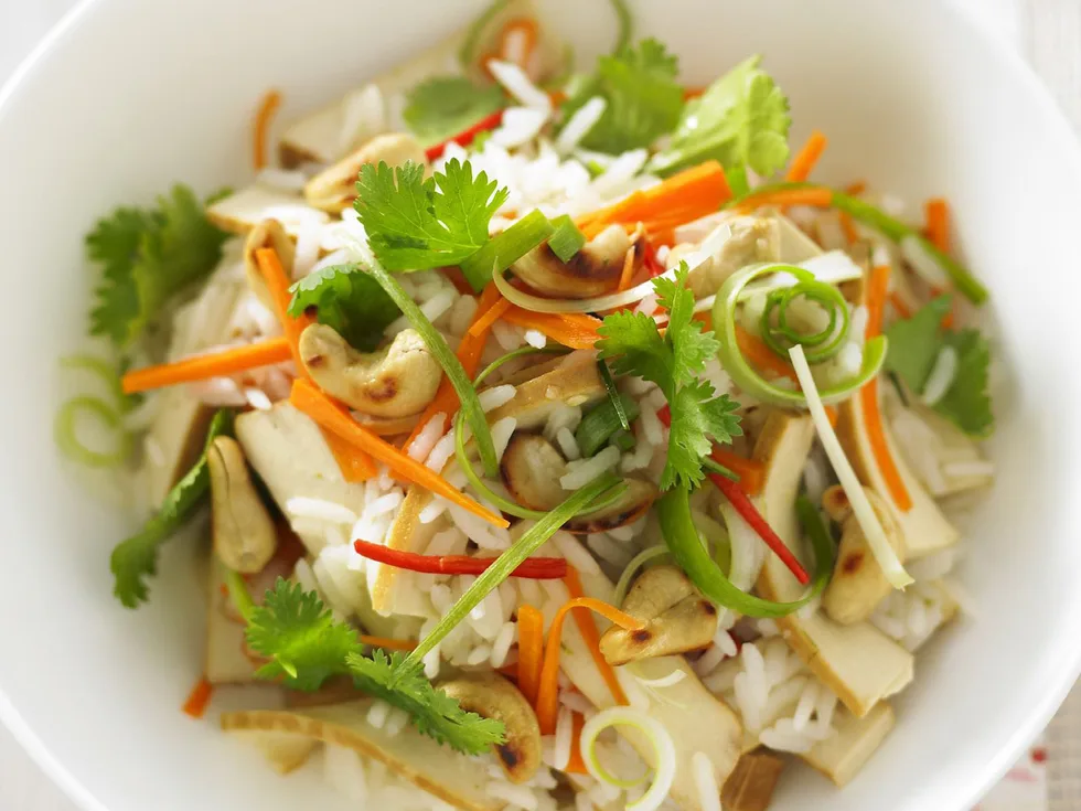 kaffir lime and rice salad with tofu and cashews