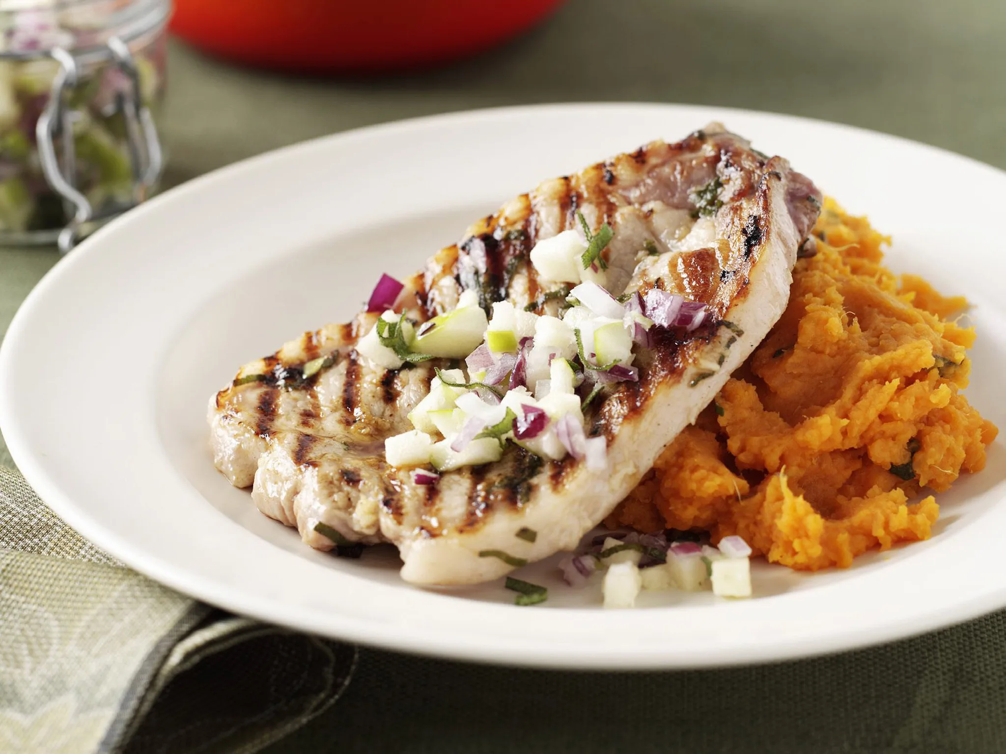 PORK WITH APPLE SALSA AND KUMARA MASH