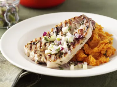 PORK WITH APPLE SALSA AND KUMARA MASH