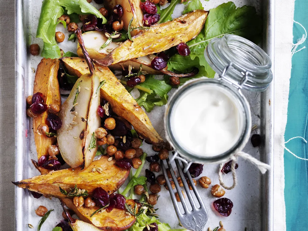 roast kumara and pear salad with crunchy chickpeas