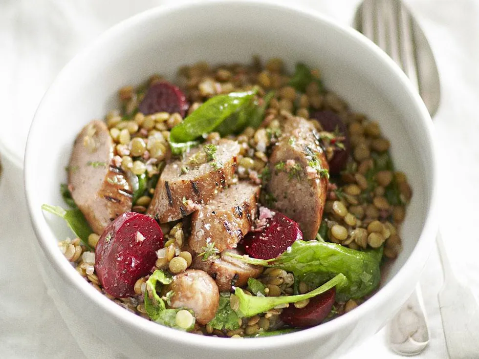 beef sausage and lentil salad