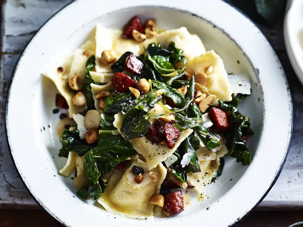 CHEESE RAVIOLI WITH SILVERBEET & PEPPERONI