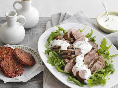 minted lamb steaks with vegetable patties