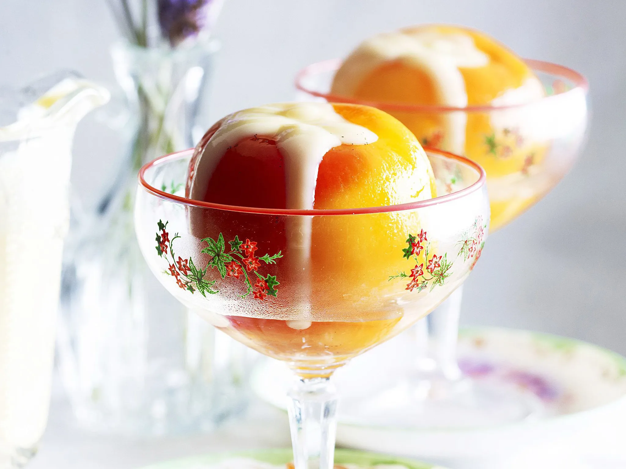 LAVENDER-SCENTED CUSTARD WITH POACHED PEACHES