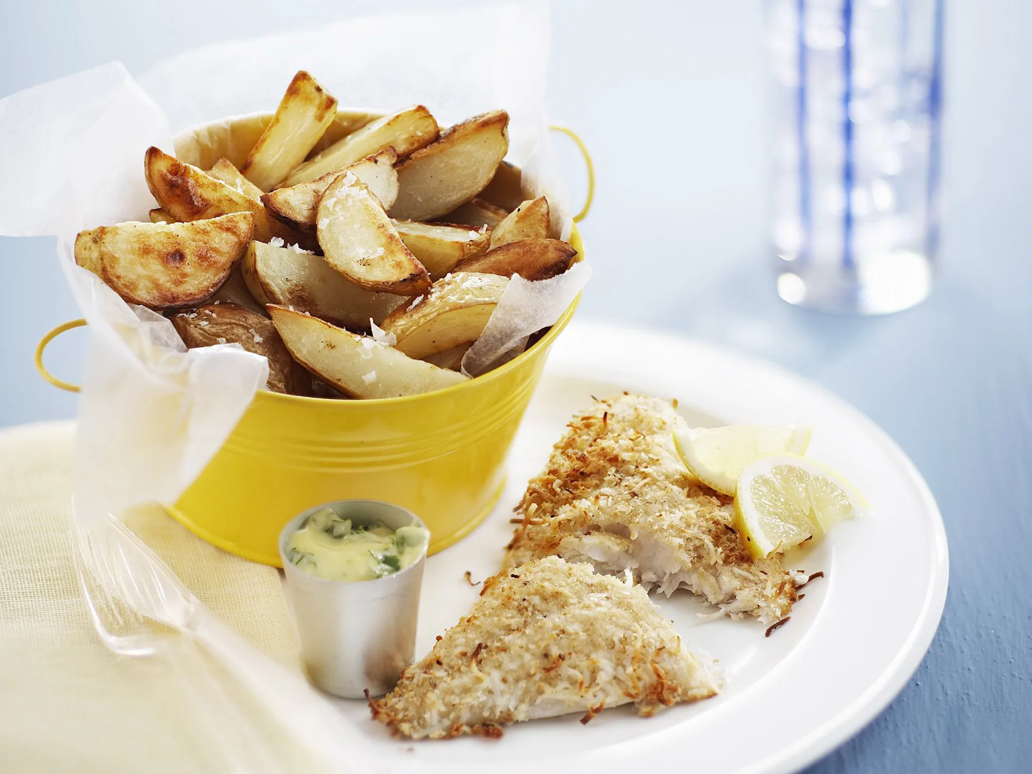 coconut-fish and chips with lemon coriander mayo