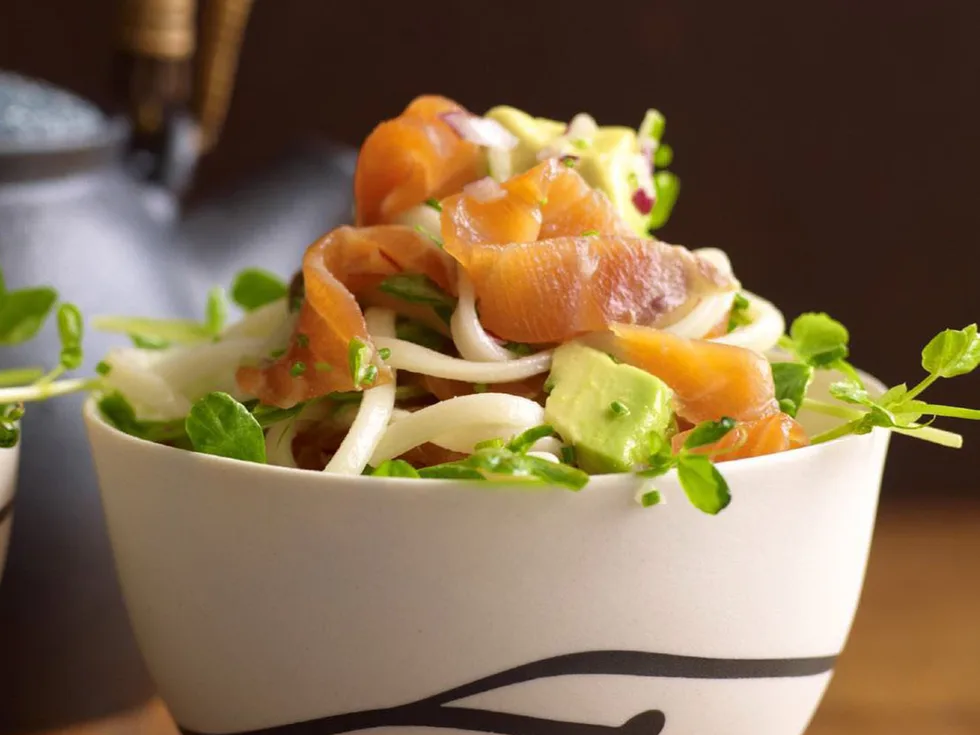 Smoked salmon, avocado and udon salad