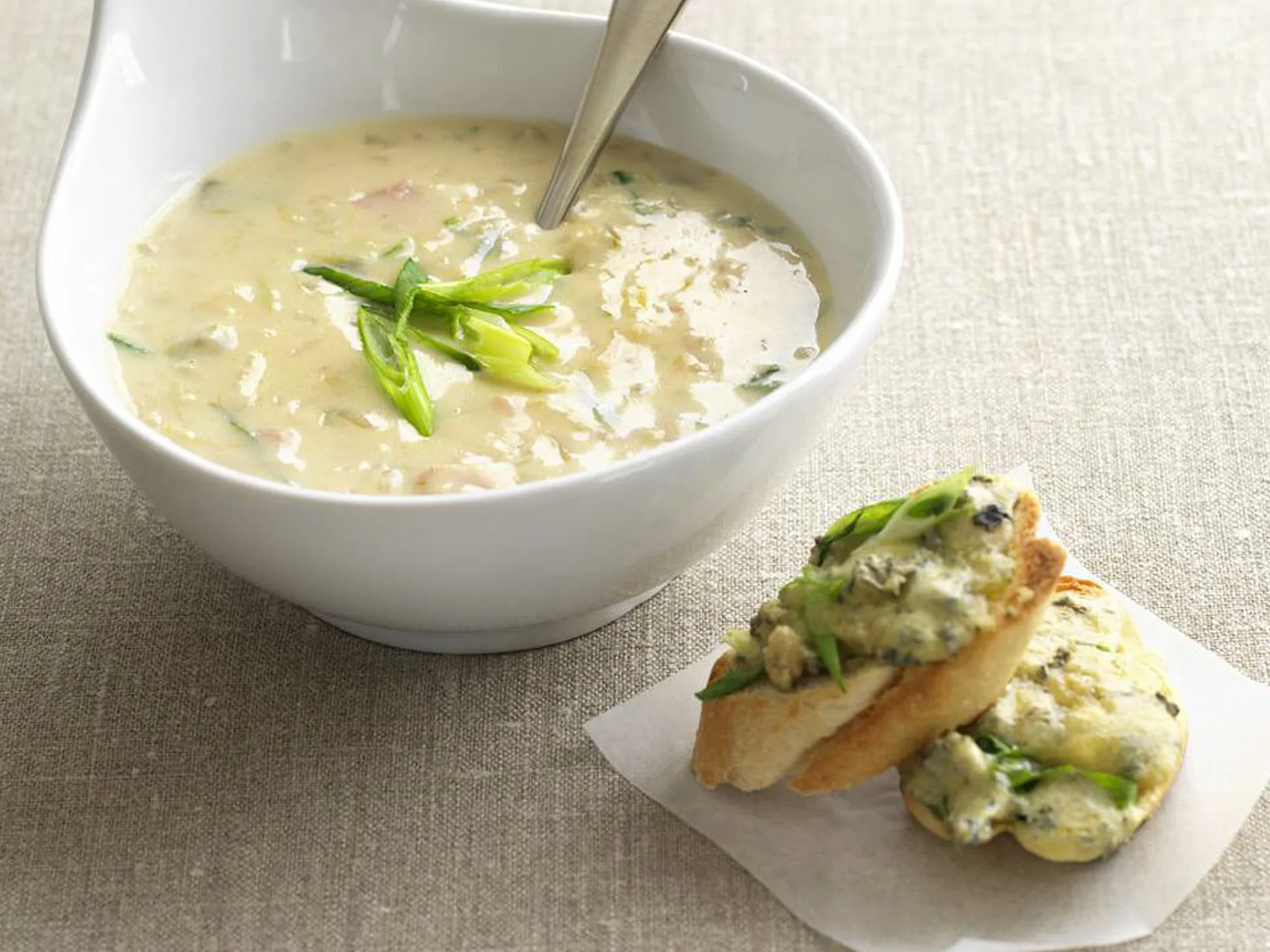 potato, bacon and leek with blue cheese toasts