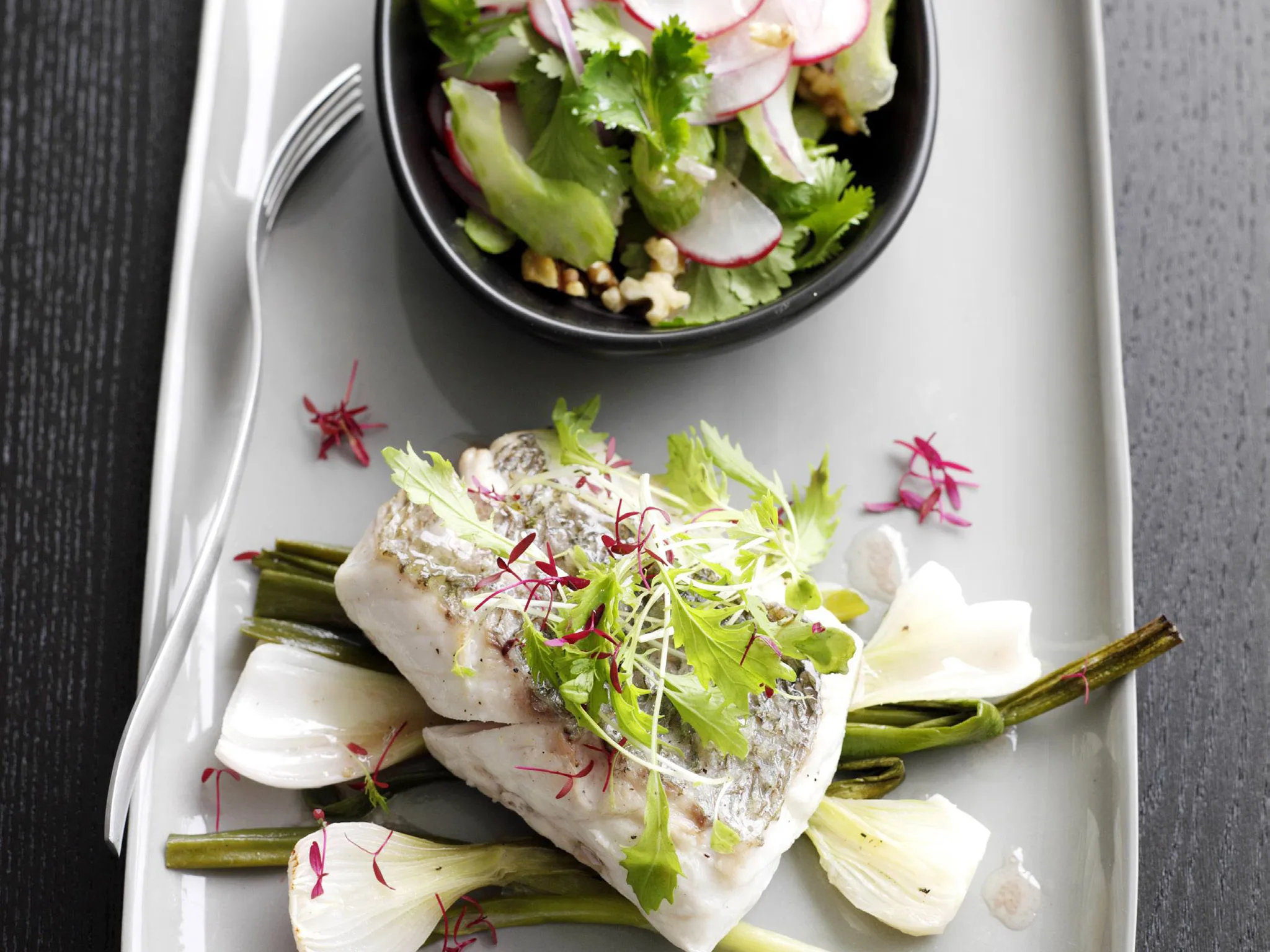 Baked whole fish with celery & walnut salad