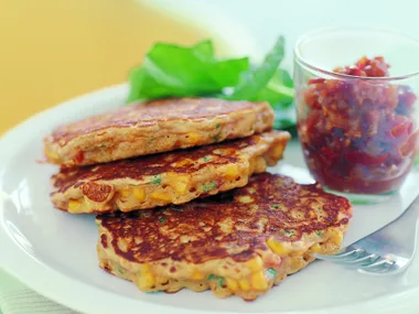 corn fritters with roasted tomato chili relish