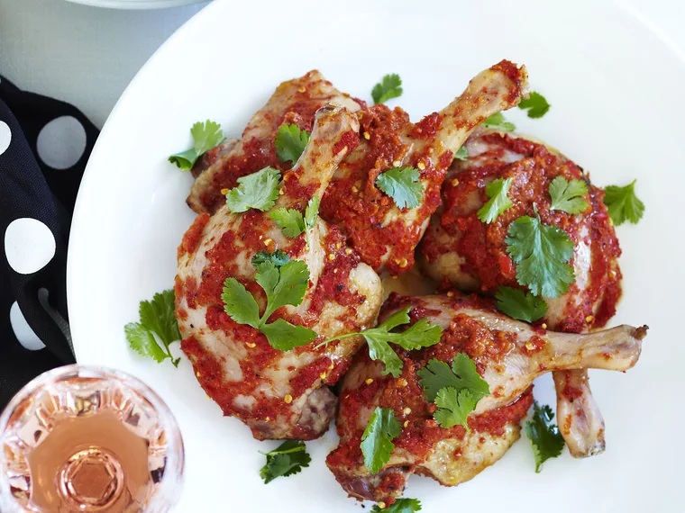 harissa duck marylands with pomegranate dressing