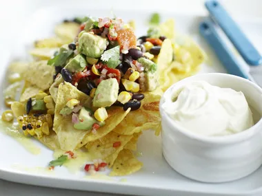 chunky black bean and grilled corn salad with cheesy nachos