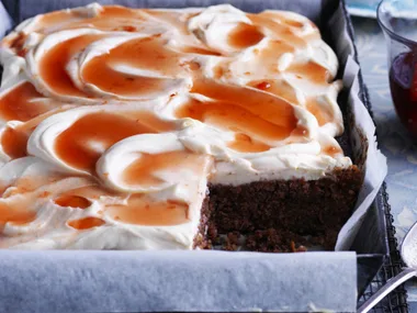 spiced walnut & chocolate cake with poached quince