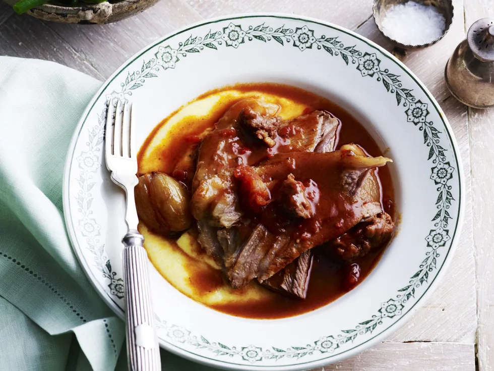 pot-roast beef with anchovies, chilli and soft polenta