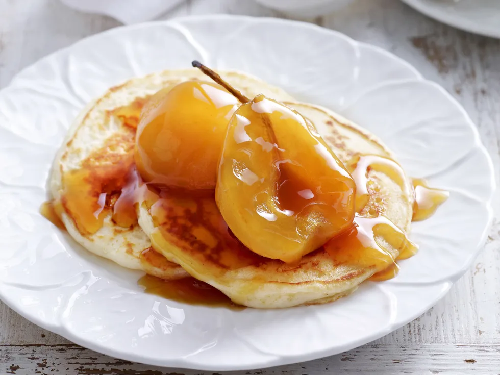 buttermilk pancakes with golden pears