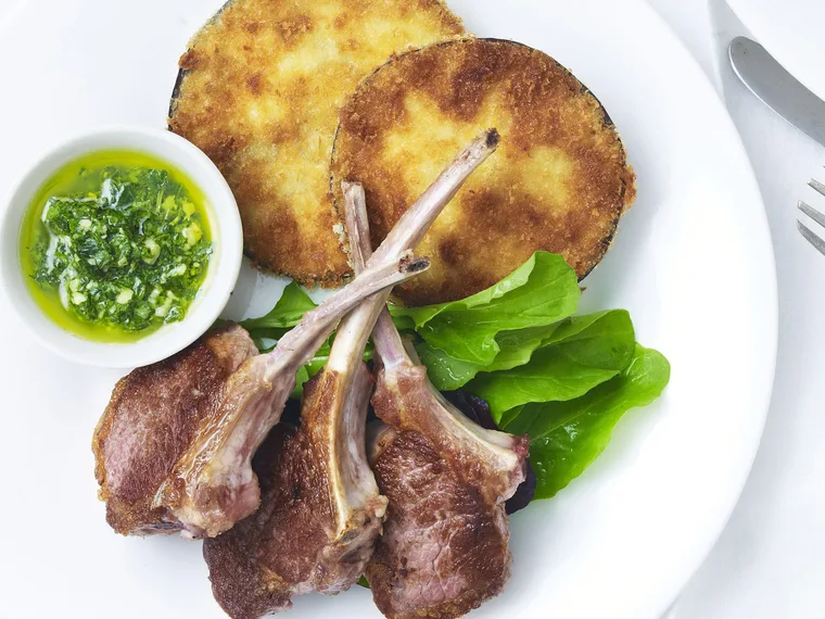 LAMB CUTLETS WITH CRUMBEDEGGPLANTANDPESTO