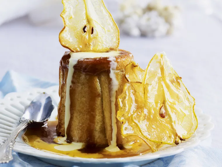 caramel pear bread puddings