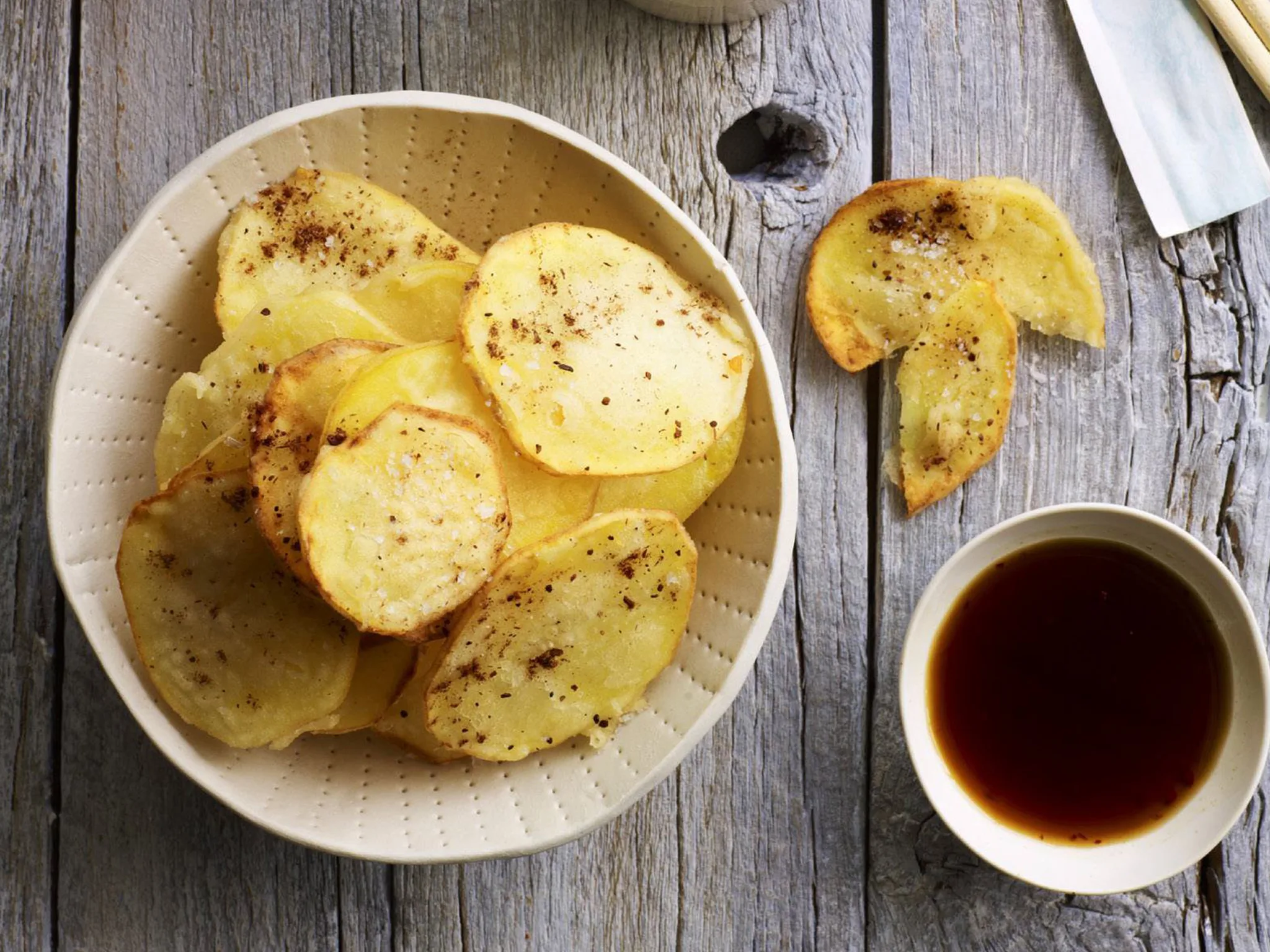 Tempura salt and pepper potatoes with mirin dressing