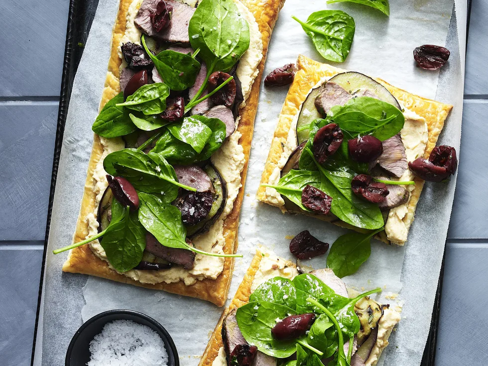 eggplant and hummus lamb tarts