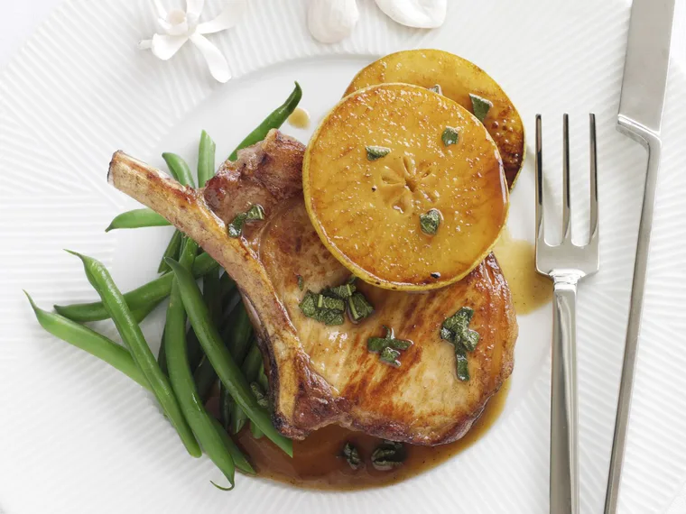 pork cutlets with caramelised pear sauce