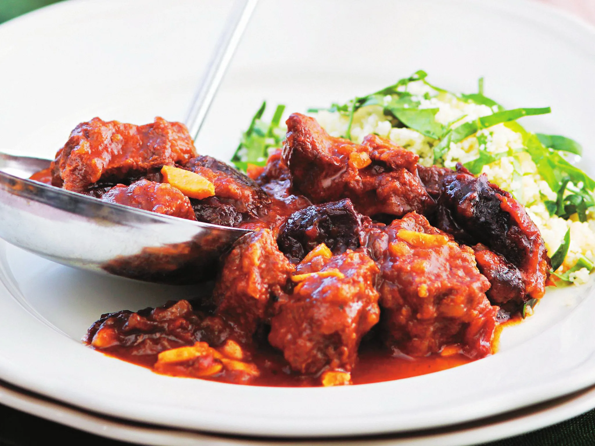BEEF AND PRUNE TAGINE WITH SPINACH COUSCOUS
