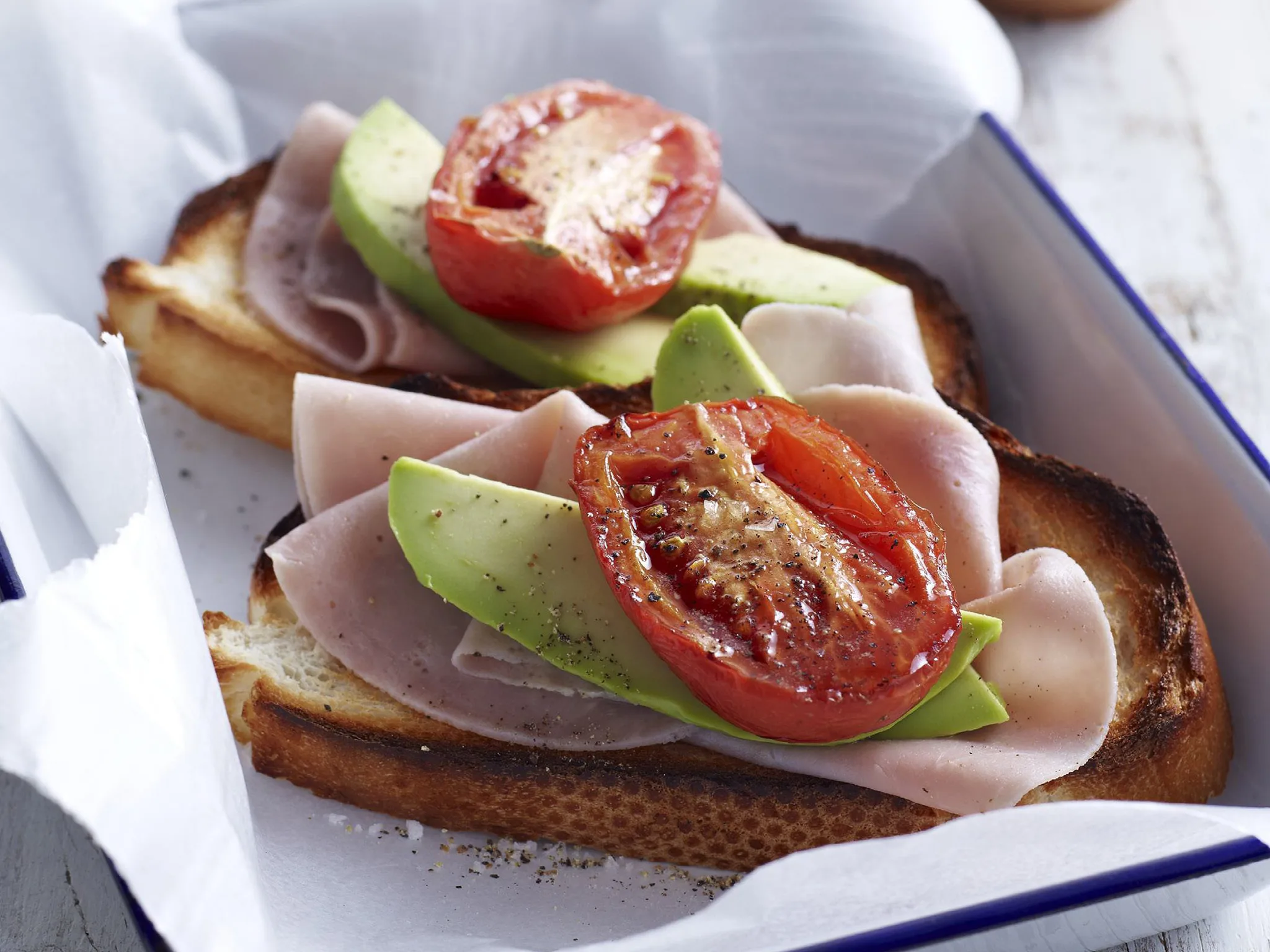 ham, tomato and avocado open sandwiches
