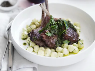 lamb cutlets with pesto baby gnocchi