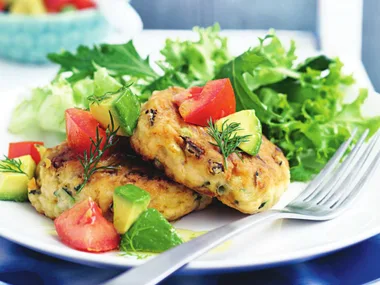 salmon patties with avocado and dill salsa