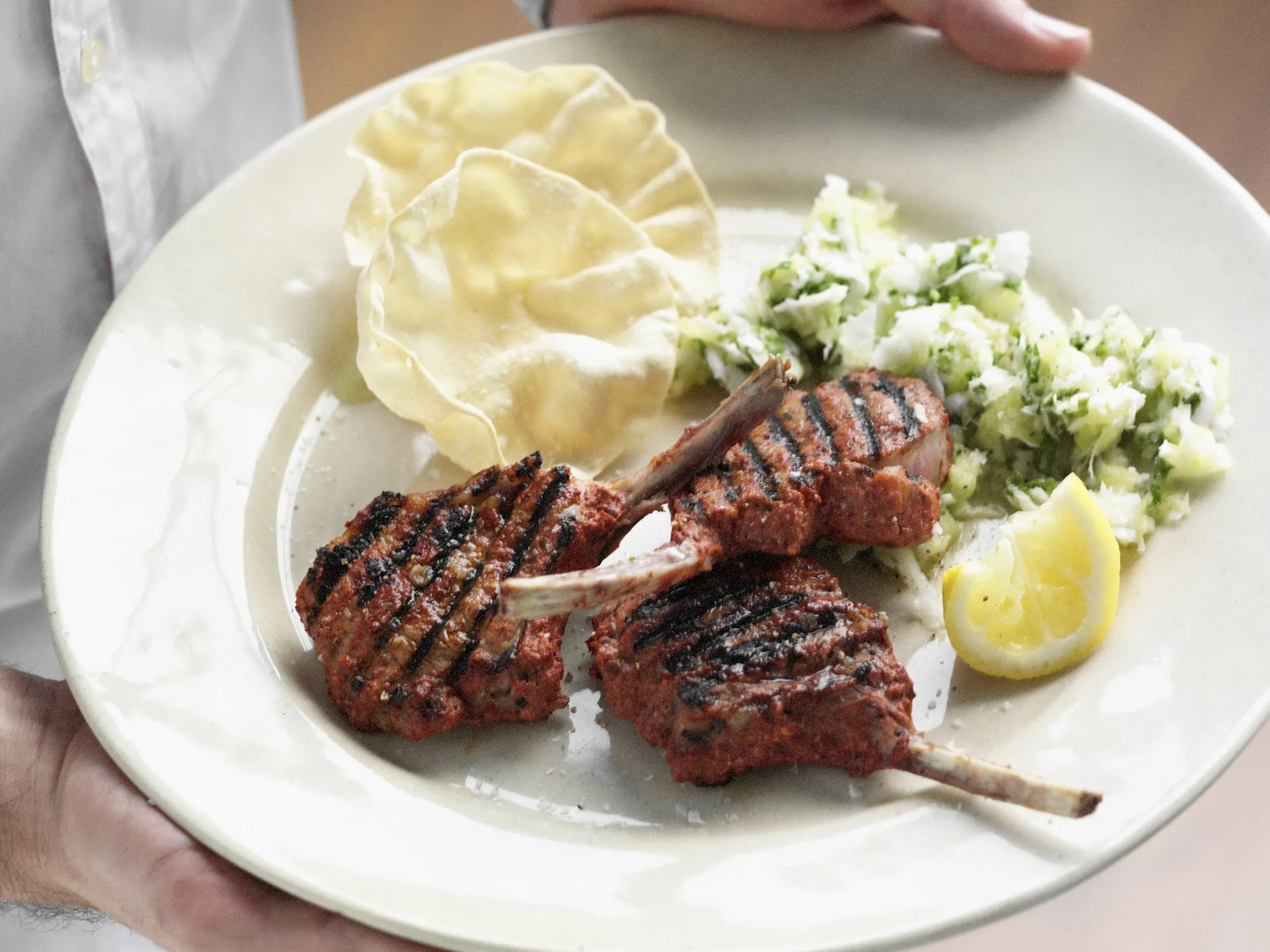 Tandoori lamb cutlets with fresh coconut and melon chutney