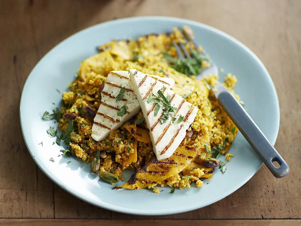 Pumpkin and pistachio couscous with grilled haloumi