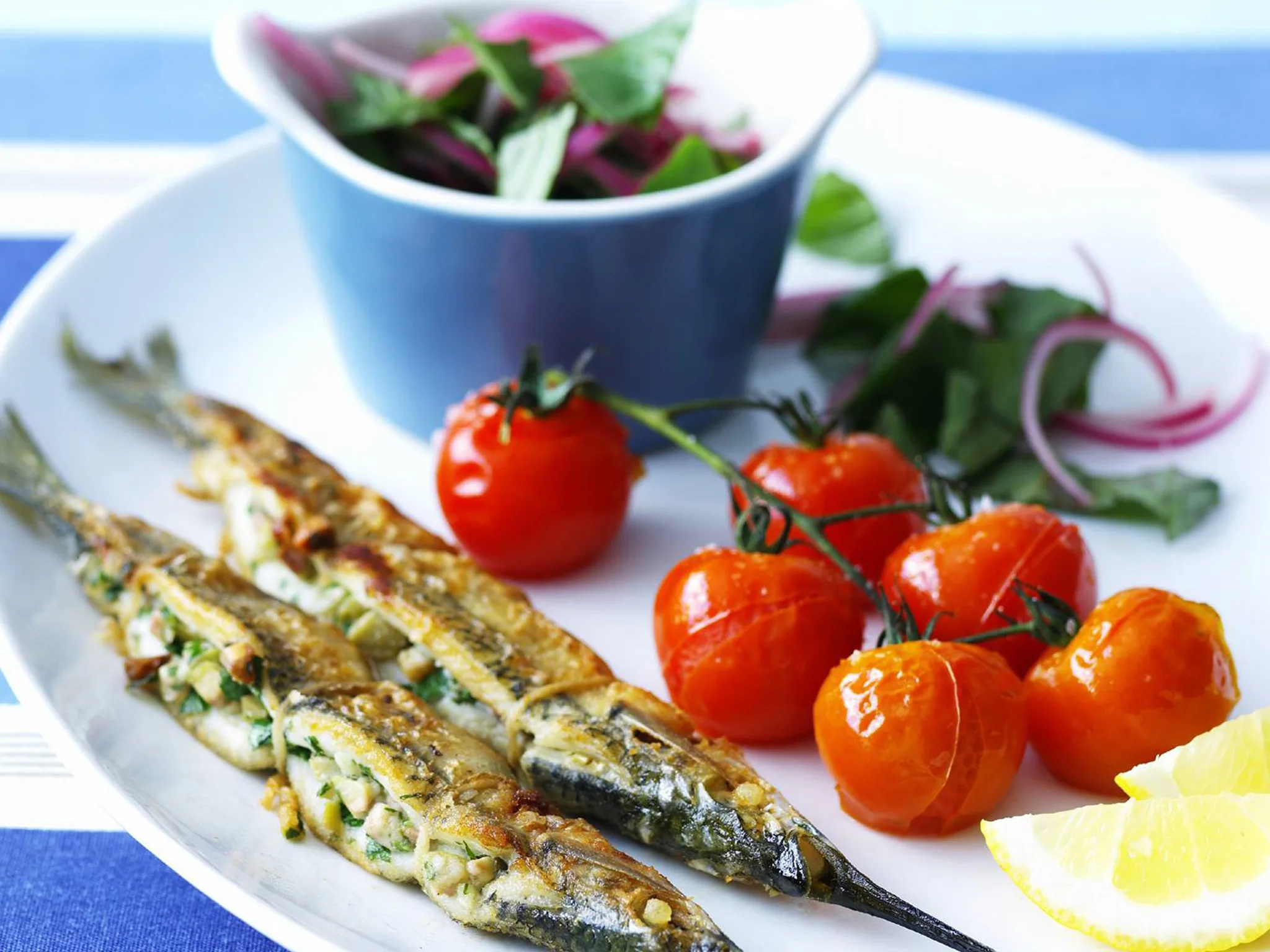 Olive and anchovy-stuffed garfish