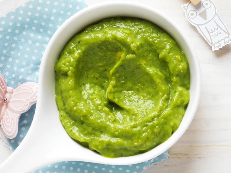 zucchini, pea and corn purée