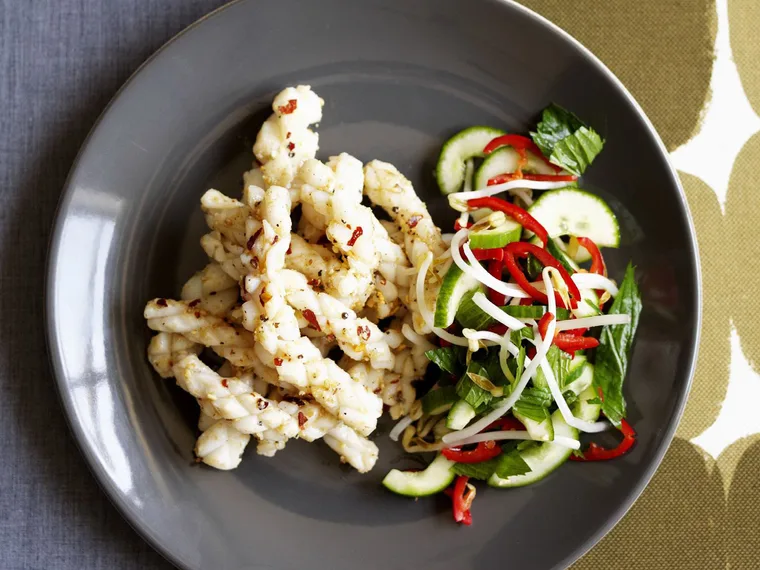 chilli squid with mint and bean sprout salad