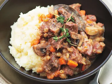 BEEF, BARLEY AND MUSHROOM STEW WITH PARSNIP MASH