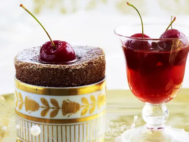 hot chocolate souffles with poached cherries