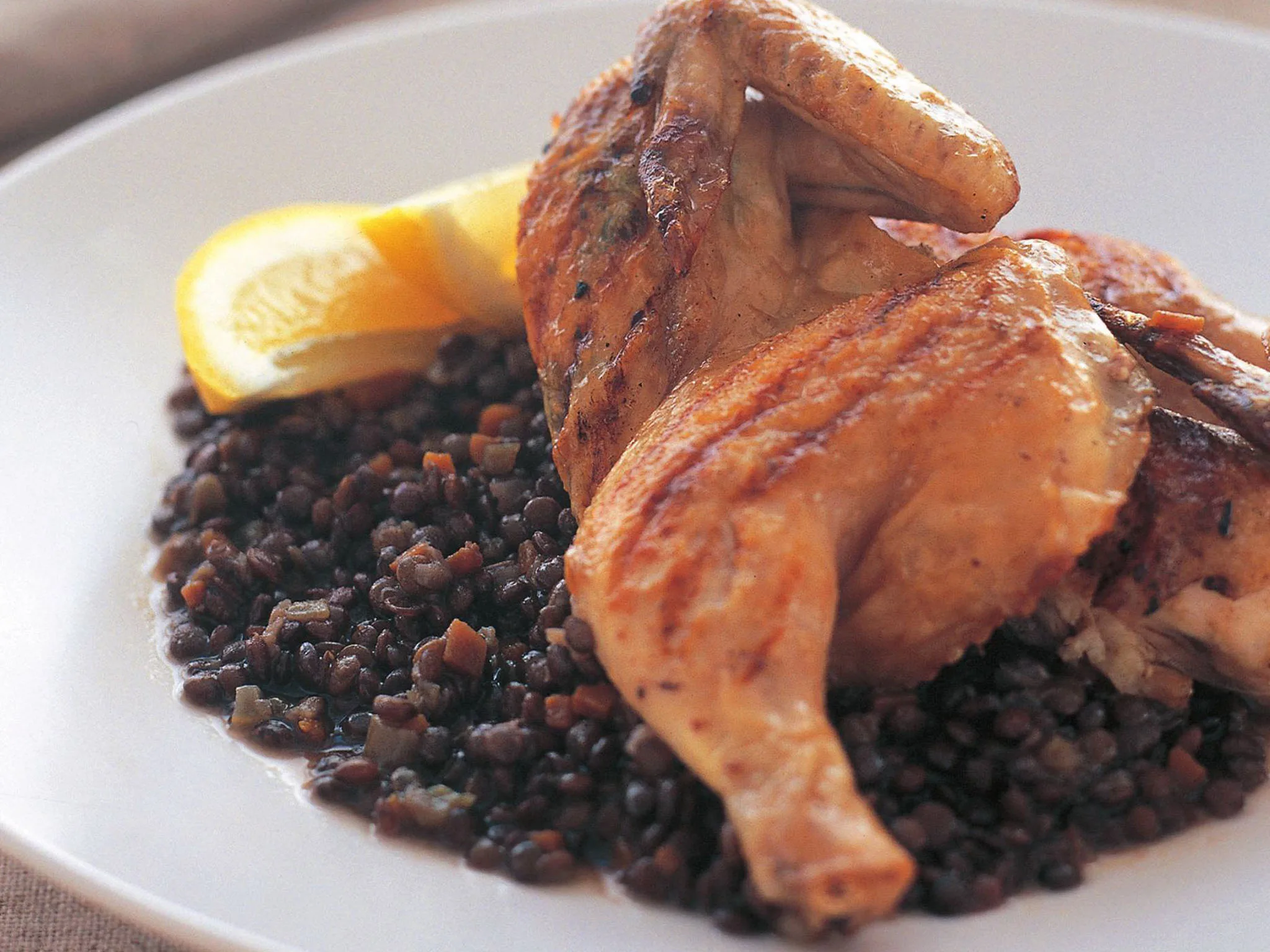 char-grilled spatchcock on puy lentils