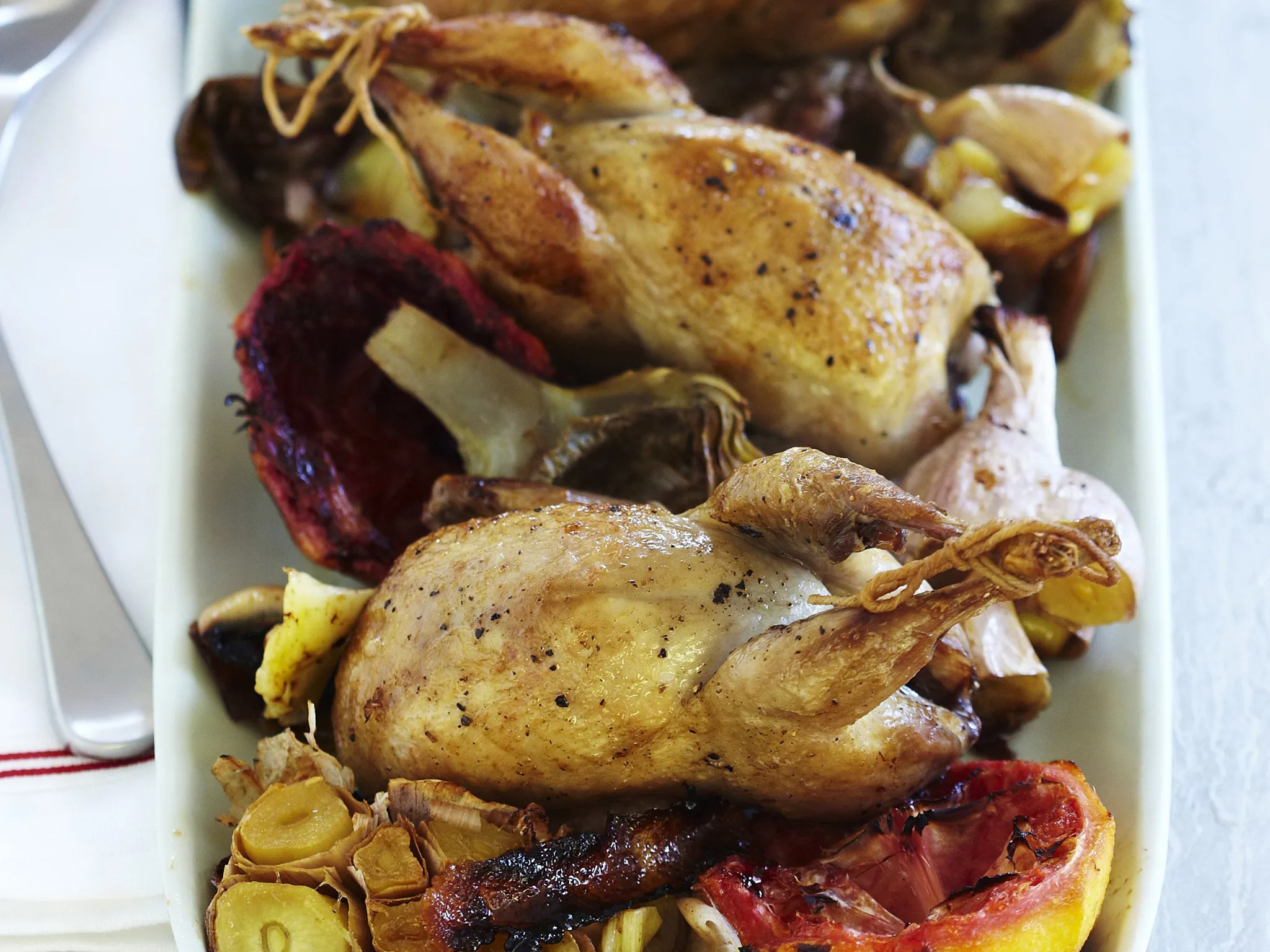 roasted blood orange and artichoke quails