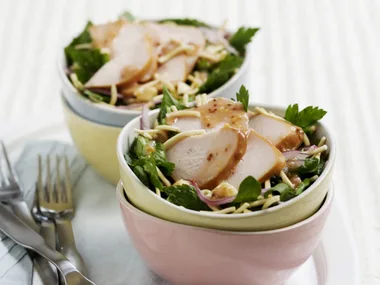 smoked chicken chow-mein salad with raspberry macadamia dressing