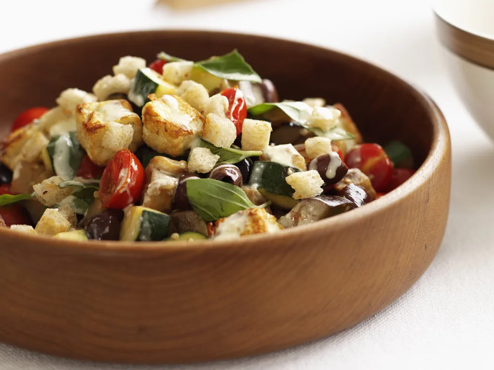 provençal vegetables and haloumi with garlic croutons