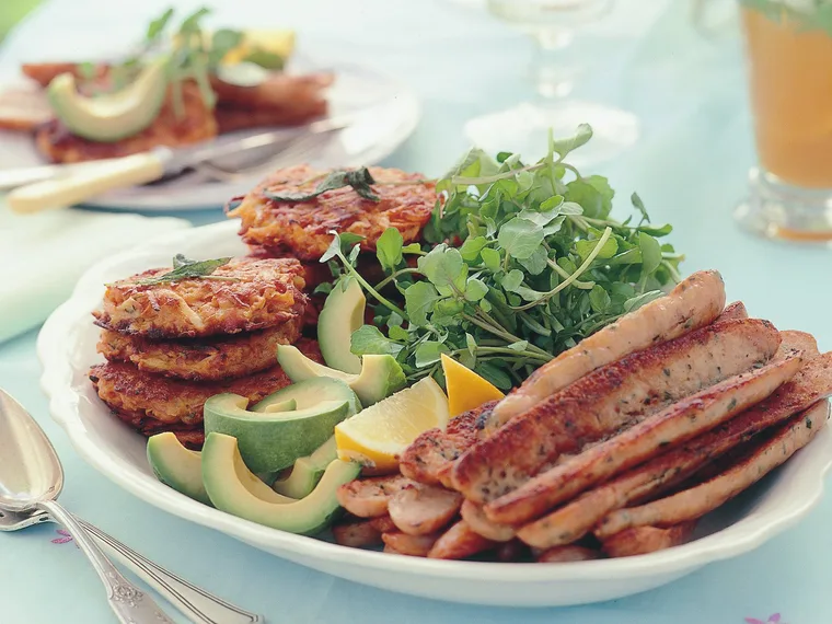 CHICKEN SAUSAGES WITH KUMARA HASH BROWNS