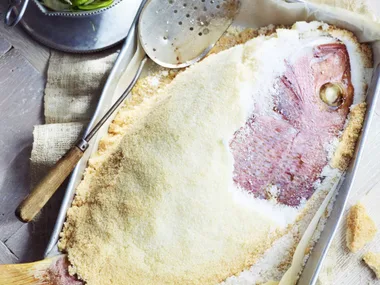 Salt-baked whole snapper with fennel and mint salad