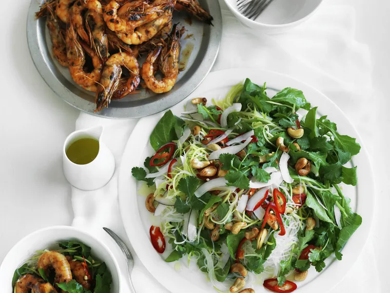 barbecued chilli prawns with green mango and coconut salad