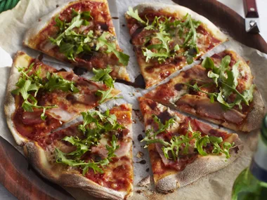 gorgonzola, speck and sticky balsamic pizza