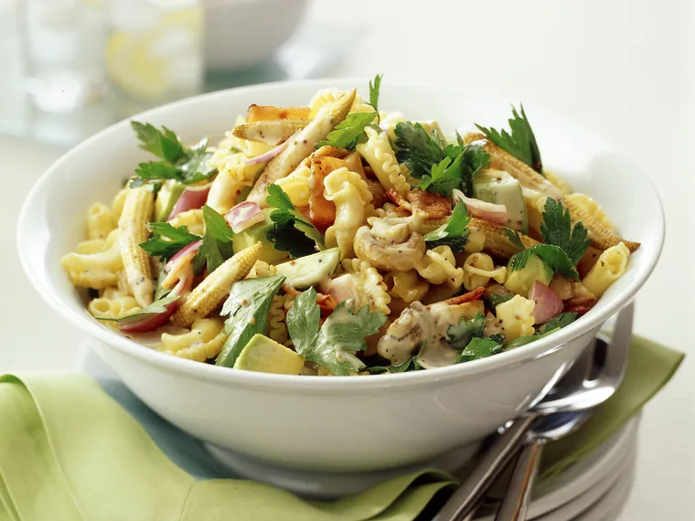 Bacon and corn pasta salad with mustard dressing
