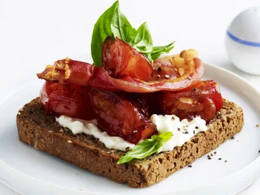 rye toast with roasted tomato and basil